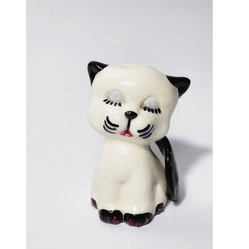 Vintage 1950s MCM Cat Pepper Shaker Black and White Red Nails Blue Eyeshadow